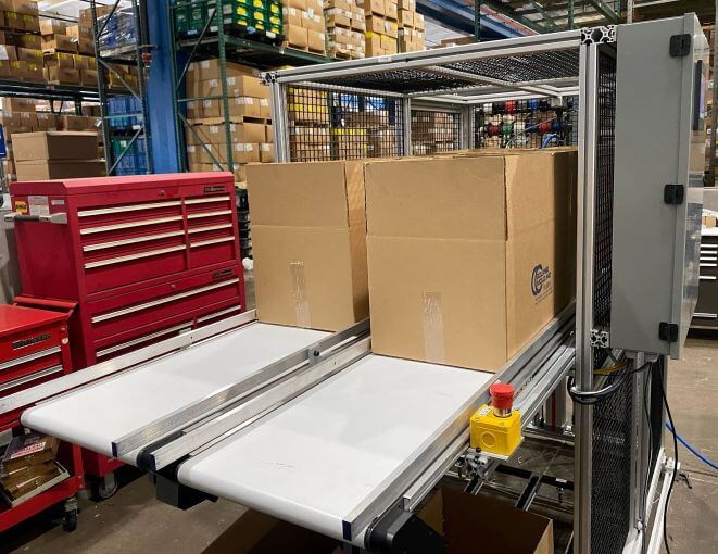 Automated Box-Fill Station with 4 LP Mini-Mover Conveyors